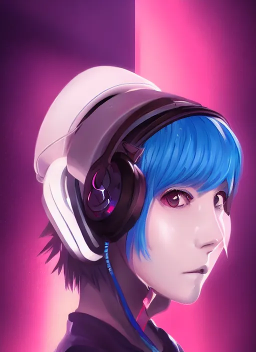 Prompt: face portrait of a beautiful anime girl with short blue hair wearing a headphone, synthwave, perfect face details, symmetry, digital painting, trending on artstation and deviantart, epic composition, vibrant, dynamic, highly detailed, ross draws, wlop, 8 k