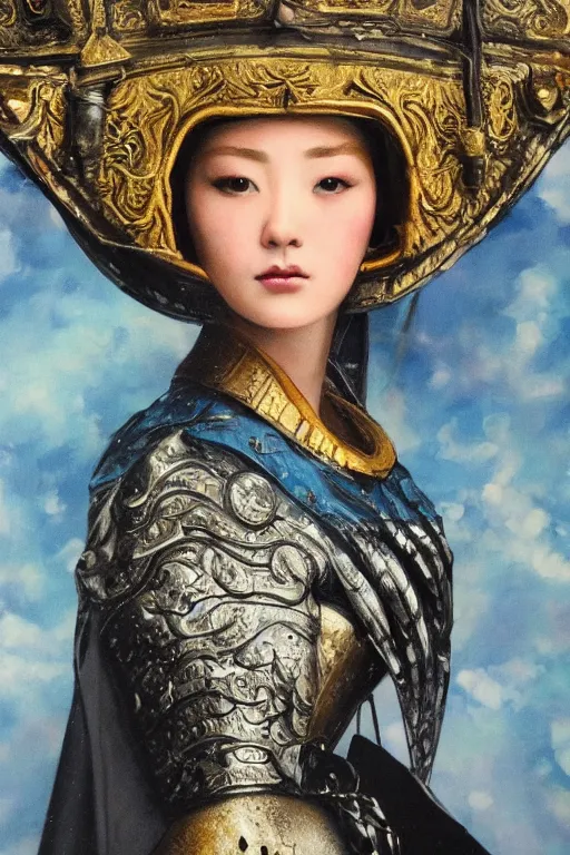 Image similar to hyperrealism oil painting, close-up portrait of medieval fashion model, knight, steel gradient mixed with nebula sky, in style of baroque mixed with 70s japan book art