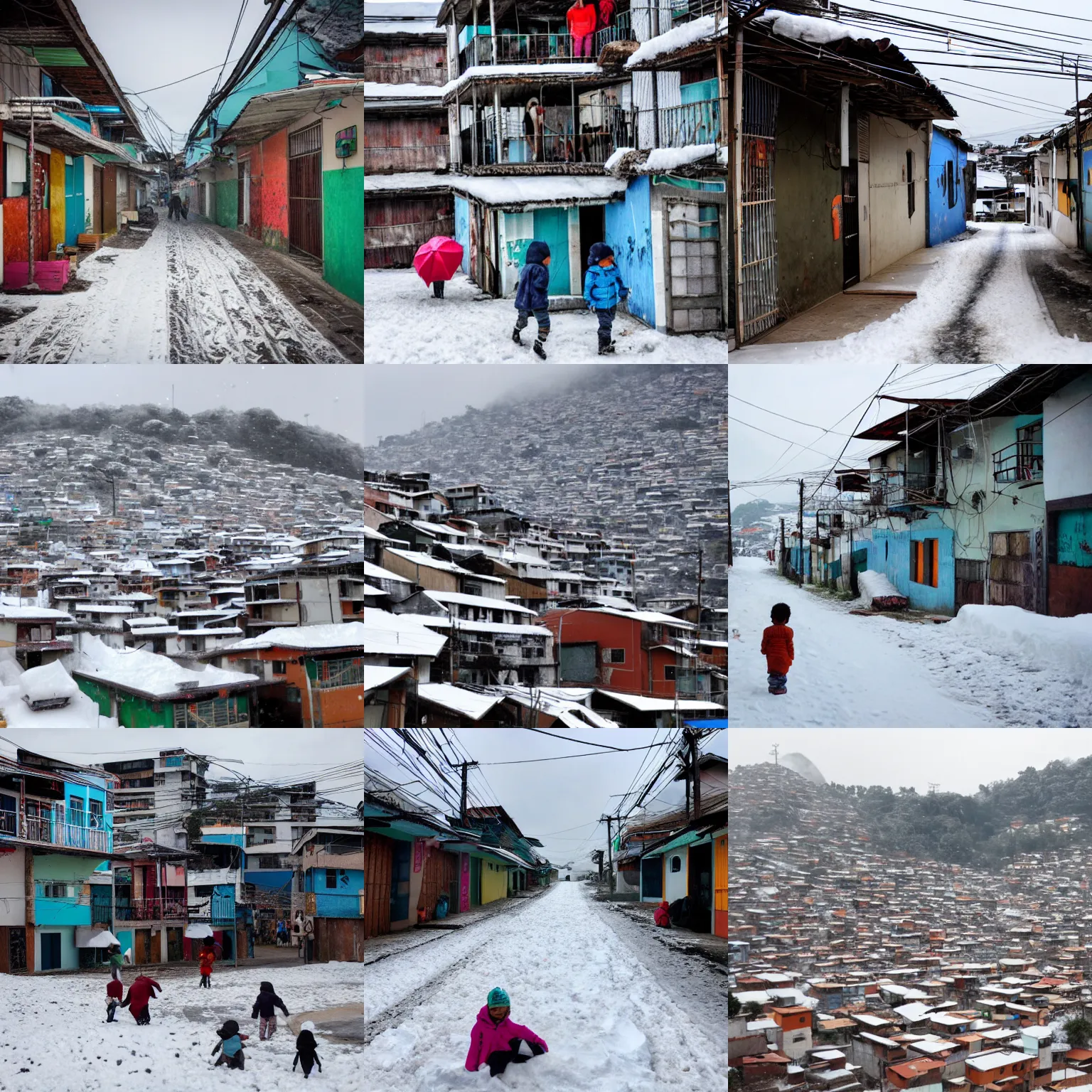 Prompt: snow day in a brazil favela