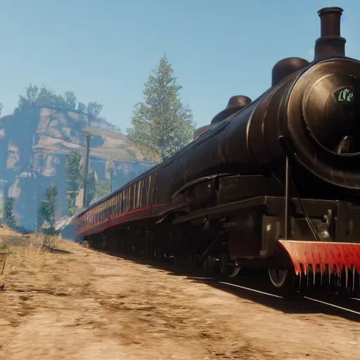 Image similar to futuristic sleek steam locomotive in red dead redemption 2