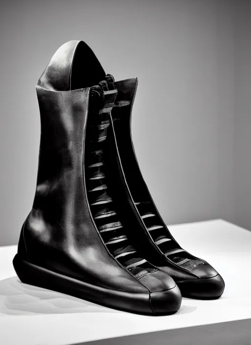 Image similar to hyperrealistic and heavy detailed product photo rick owens avant garde shoe of batman, in front of white back drop, whole shoe is in picture, leica sl 2 5 0 mm, vivid color, high quality, high textured, real life