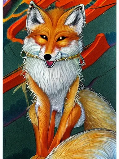 Image similar to photorealistic full - color fantasy illustration a beautiful japanese kitsune goddess who is partially transforming into an anthropomorphic fox, in an inari shinto shrine in kyoto. highly - detailed professional art.