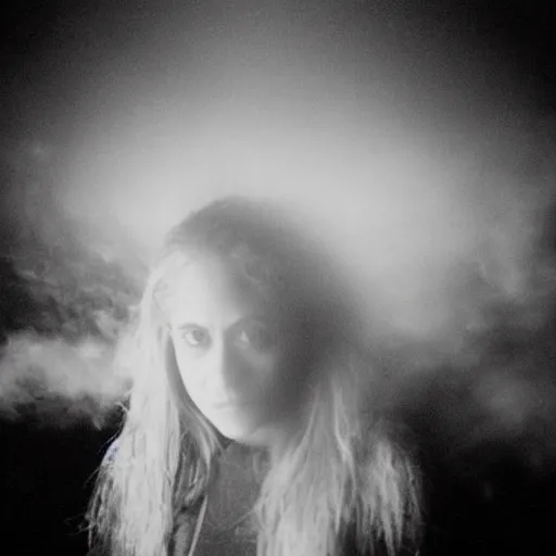 Image similar to !dream Brittany Murphy spirit in the dark fog, dark eerie pic, photo taken by ghost adventures