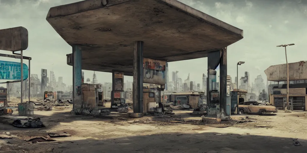 Prompt: a derelict cyberpunk gas station in the middle of a dystopian wasteland during an underpants shortage