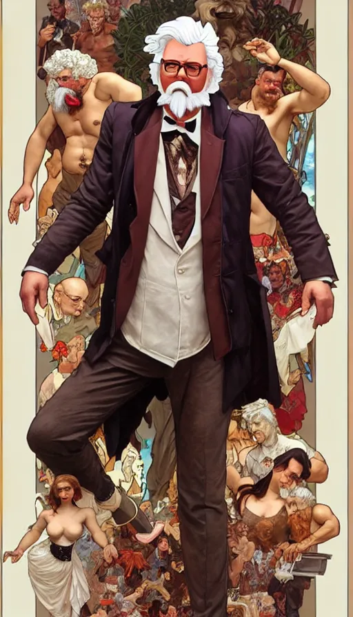 Prompt: a full body portrait of colonel sanders the greek god!! surrounded by evil starving hillbillies!!! extremely beautiful, anatomically accurate, by artgerm and by greg rutkowski and by alphonse mucha and by simon bisley, radiant light, detailed and intricate environment,