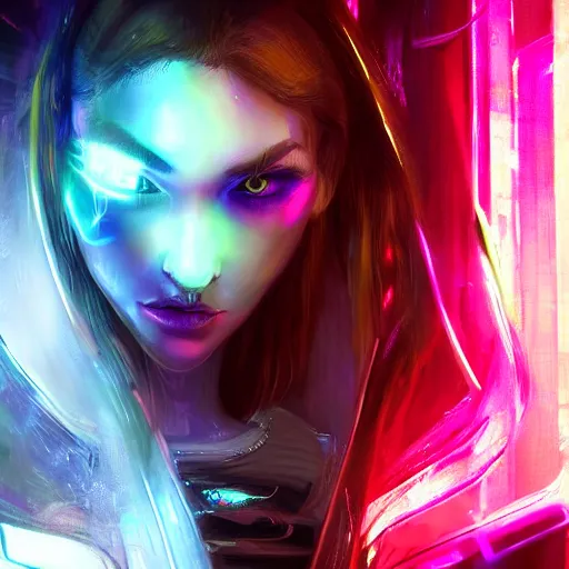 Image similar to portrait of an elf in a cyberpunk style, neon lights, digital art, highly-detailed artstation cgsociety masterpiece