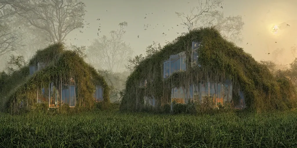 Image similar to a organic house structure made of strange plants, located in a swamp at sunrise, (mist), ultra wide angle, moebius, chillwave, futuresynth, door, windows, fireflies