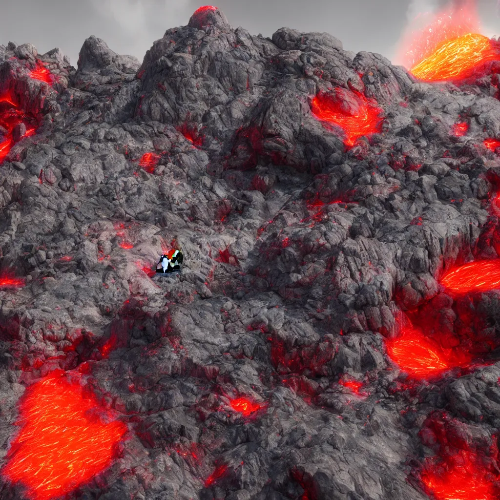 Image similar to satanic mountain goats with glowing red eyes on a sheer obsidian cliffside with lavaflow, lava waterfalls, photorealistic landscape render, octane render, vray, beautiful, ambient occlusion, particle effects, light bloom, rtx