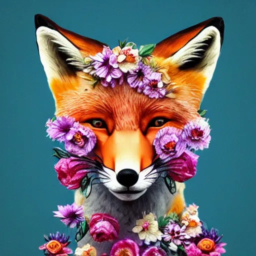 Prompt: made of flowers, portrait of a fox made of flowers, fantasy art, trending on artstation, beautiful art, intricate, elegant, highly detailed, digital painting