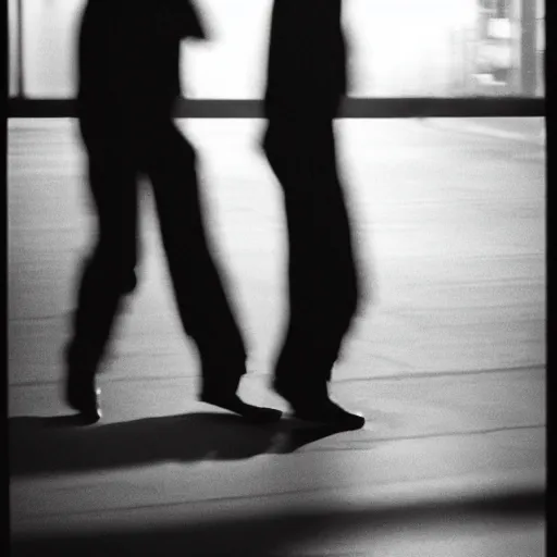 Image similar to an abstract photograph of two male shadowy figures, motion blur, 35 mm, black-and-white