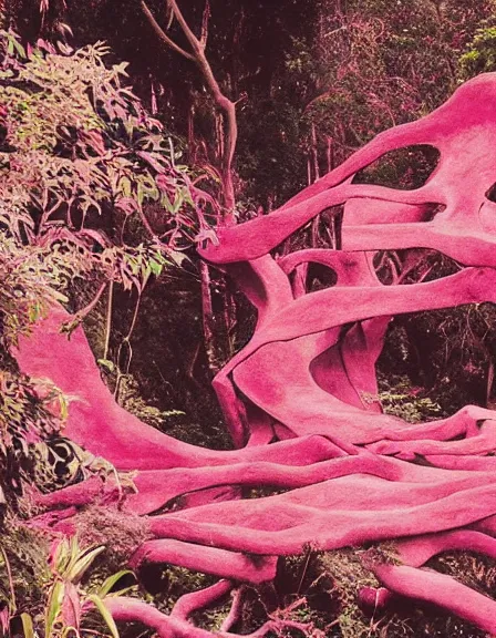 Image similar to vintage color photo of a giant 1 1 0 million years old abstract sculpture made of liquid pink gold covered by the jungle vines