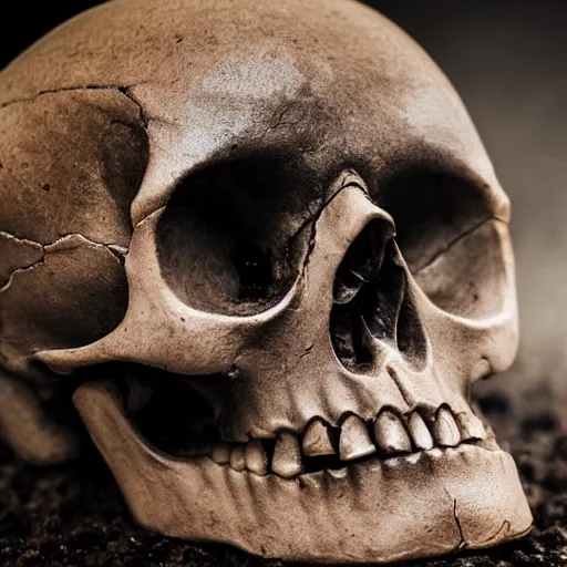 Image similar to close up of human skull used as ashtray, dark blurry background