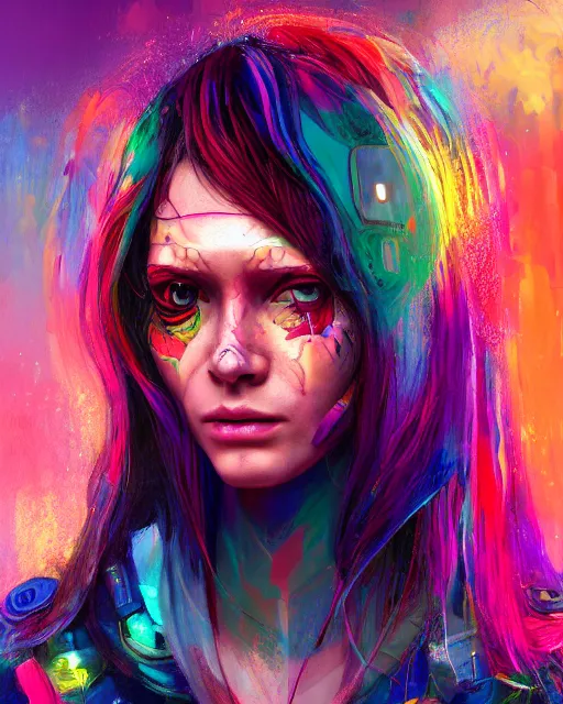 Prompt: colorful character portrait of a female hippie, set in the future 2 1 5 0 | highly detailed face | very intricate | symmetrical | cinematic lighting | award - winning | painted by mandy jurgens | pan futurism, dystopian, bold colors, cyberpunk, groovy vibe, anime aesthestic | featured on artstation