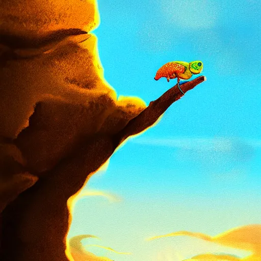 Image similar to golden chameleon hanging on a cliff by its tail, trying to catch rain drops, epic sunset skies in the background, very detailed digital art