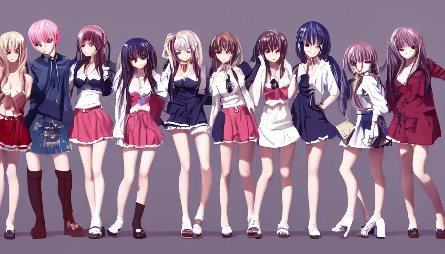 Image similar to group of cute anime characters in very short miniskirts, lightly dressed, ultra detailed digital art, hyper real, detailed, group photo, ultra detailed, ground up angle