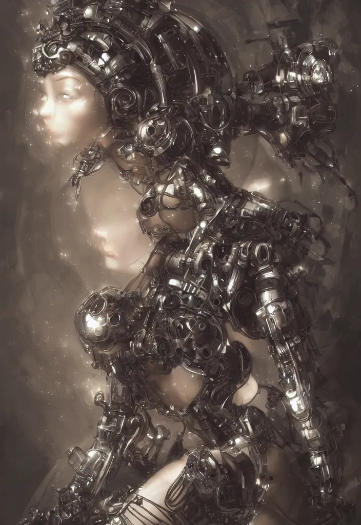 Prompt: dieselpunk robotic mistress, extremely detailed, hyperrealistic, intricate, soft light, fantasy, d & d, digital painting, art station, by yoshitaka amano