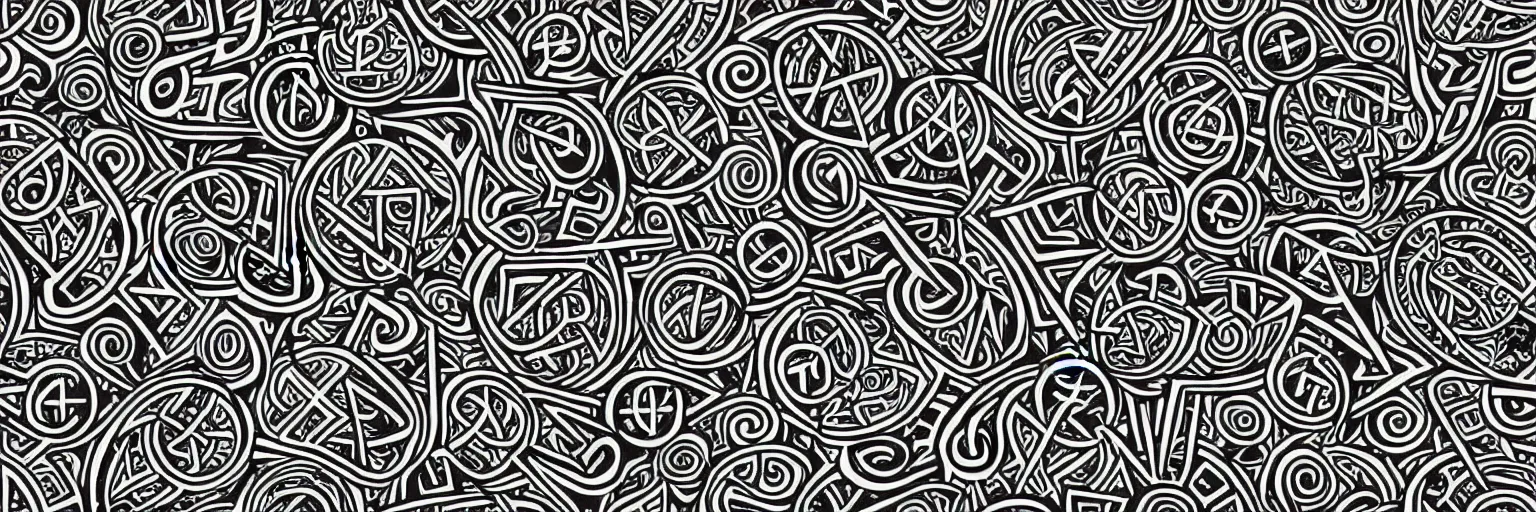 Prompt: intricate design pattern for biker symbols and runes tattoos, white lines on black background