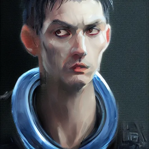 Prompt: concept art by rutkowski, man about 3 0 years old, short black hair with bangs, expression of fear and bewilderment, very tall and slender, he is wearing futuristic space gear, highly detailed portrait, scifi, digital painting, artstation, concept art, smooth, sharp foccus ilustration, artstation hq