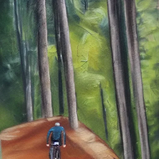 Image similar to man biking up a steep forest hill, sweaty. Oil painting. Emotional. Steep. Trees