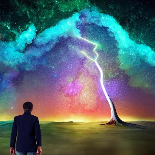 Image similar to a human man standing next to a cosmic tree, a sense of awe, amazement, monogon, plasma display, damascus, morph, in a symbolic and meaningful style