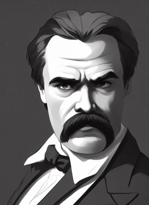 Prompt: ultimate Gigachad Friedrich Nietzsche with a chiseled Jawline and serious Look, in his suit, in the Style of Artgerm and Charlie Bowater and Atey Ghailan and Mike Mignola, vibrant colors and hard shadows and strong rim light, Comic Cover Art, plain background, trending on artstation