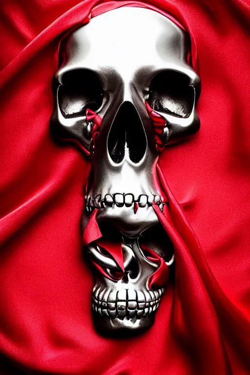 Image similar to chrome cyclops skull statue layed on a red silk fabric, by hedi xandt and antonio corradini, macabre art, dark surrealism, epic and cinematic view, volummetric light, texturized, detailed, 8 k