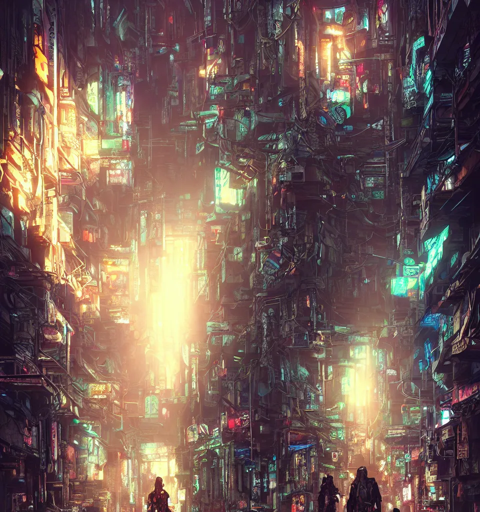 Image similar to back alley road in a cyberpunk metropolis, cinematic, highly detailed, octane render, rich cinematic atmosphere, perfect digital art, mystical journey in strange world, cyberpunk, sci - fi, surreal, glowing lights, sharp focus, high detailed, by akihiko yoshida, michael whelan and karol bak