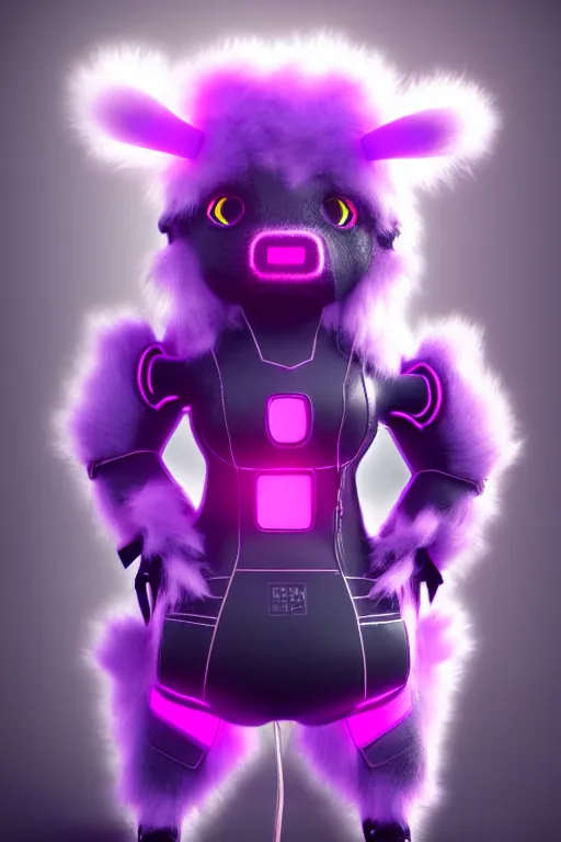 Image similar to high quality 3 d render cyberpunk very cute cyborg fluffy! cow hybrid!, highly detailed, unreal engine cinematic smooth, in the style of blade runner & detective pikachu, hannah yata charlie immer, purple neon light, low angle, uhd 8 k, sharp focus