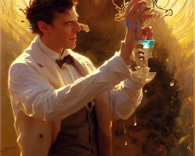 Prompt: attractive magician man, casting water magic. highly detailed painting by gaston bussiere, craig mullins, j. c. leyendecker 8 k