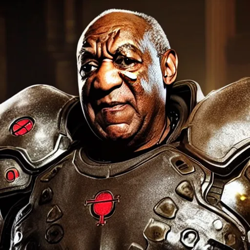 Prompt: Bill Cosby as 'Crusader-Patriot-Knight'!! in Gears of War, splash art, movie still, detailed face, photorealistic facial features, cinematic lighting, dramatic, octane render, long lens, shallow depth of field, bokeh, anamorphic lens flare, 8k, hyper detailed, 35mm film grain
