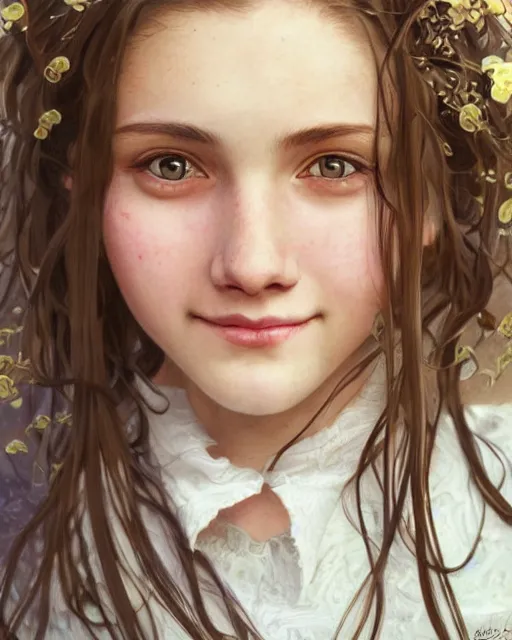 Image similar to close up portrait of 1 5 - year - old girl, smile with large front teeth, hermione, very bushy brown hair, and very bright brown eyes, wearing white shirt, hyper realistic face, beautiful eyes, close up, fantasy art, in the style of greg rutkowski, intricate, alphonse mucha, hyper detailed, smooth