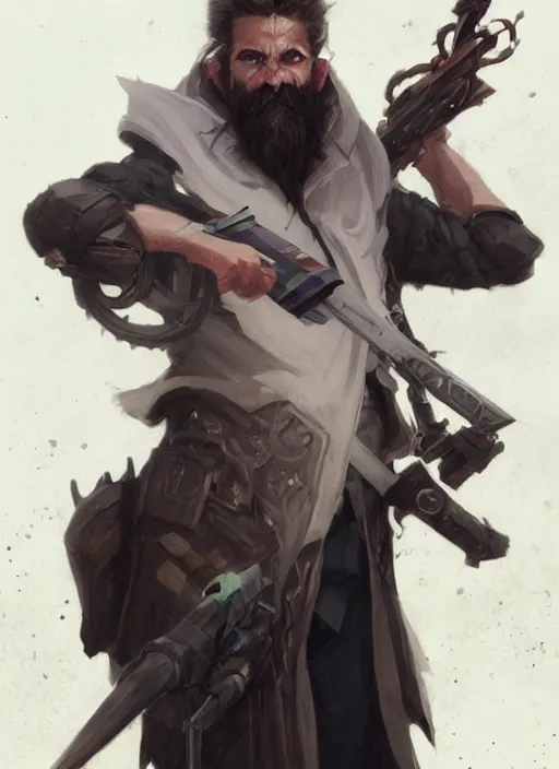 Image similar to low angle picture of a weapon master, holding a ego weapons to the camera, long black jacket, neat white beard and hair, bored, tired, ego weapons all over the place, smoking with squat down pose, highly detailed face, deep eyes, intricate, masterpiece, epic fantasy illustrations by peter mohrbacher and anato finnstark and jeremy lipking