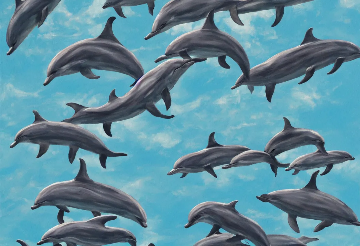 Image similar to close up on a family of dolphins flying through the sky together science fiction painting, cactus below