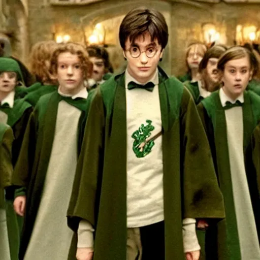 Prompt: Movie still of Harry Potter as a Slytherin