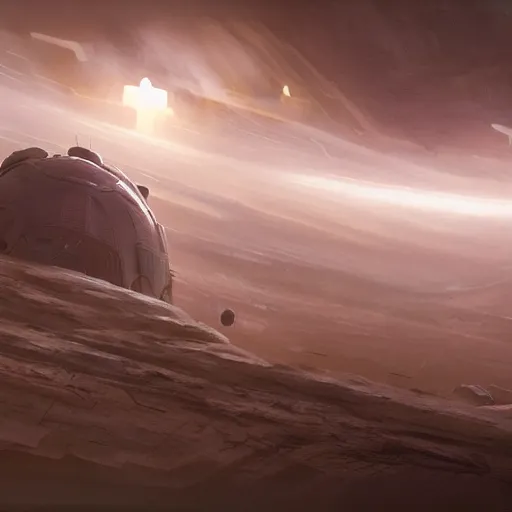 Image similar to concept art, mothership, sci - fi spaceship in combat, in planet atmosphere and dense fog, explosions, highly detailed, dune scene, denis villeneuve