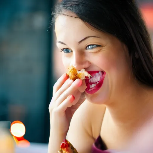 Prompt: food photography of a girl eating at a restaurant, taken with canon eos - 1 d x mark iii, bokeh, sunlight, studio 4 k