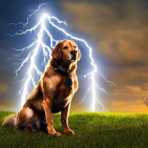 Prompt: a canine thor holding his hammer, dramatic lightning background