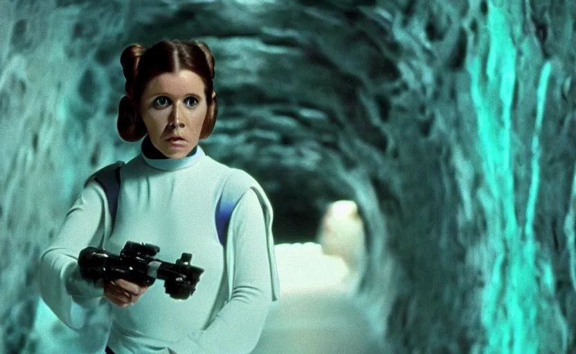 Image similar to screenshot portrait of Princess Leia alone in a teal sci fi cave, scene from jedi lost, 1980s film by Stanley Kubrick, 4k serene, iconic , photoreal portrait Carrie fischer, detailed face, moody lighting stunning cinematography, hyper detailed, sharp, anamorphic lenses, kodak color film