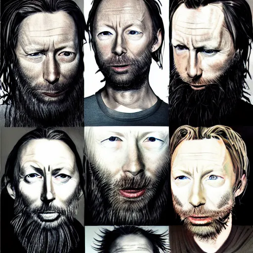 Image similar to versions collage, hyper realistic, many variations of thom yorke, very old, shot beard, long beard, face variations, various emotions, lost, reflective, cybernetic, high quality, brush stroke