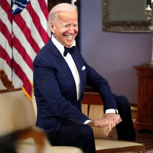 Image similar to joe biden smiling while wearing a maid costume