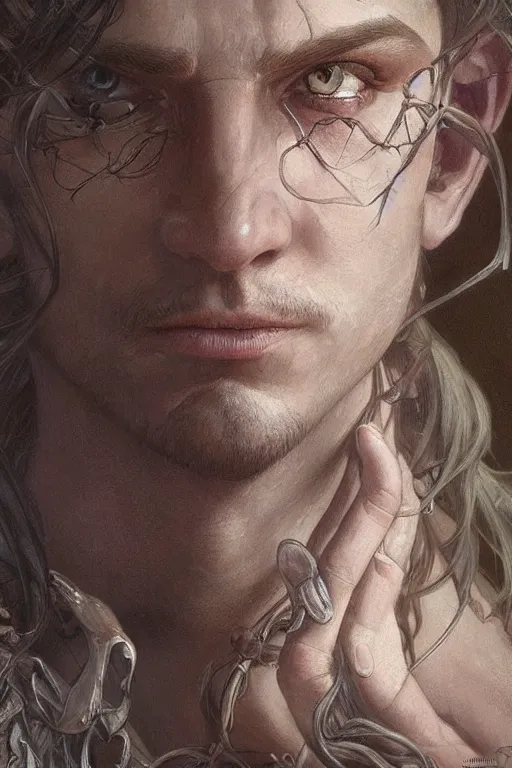 Image similar to up close portrait of a male wood fae, d & d, face, fantasy, intricate, elegant, highly detailed, digital painting, artstation, concept art, smooth, sharp focus, illustration, art by artgerm and greg rutkowski and alphonse mucha