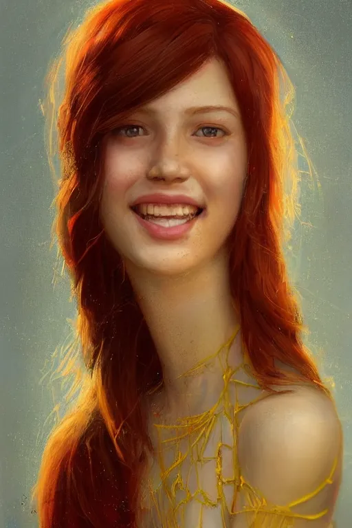 Image similar to Highly detailed portrait painting of a beautiful young woman with red hair, smiling by Craig Mullins and Ross Tran, Green dress, Golden Background, Fabric texture, Golden thread, intricate patterns, Trending on artstation, pinterest, cgsociety, 4k, 8k, HDR, award winning, unreal engine