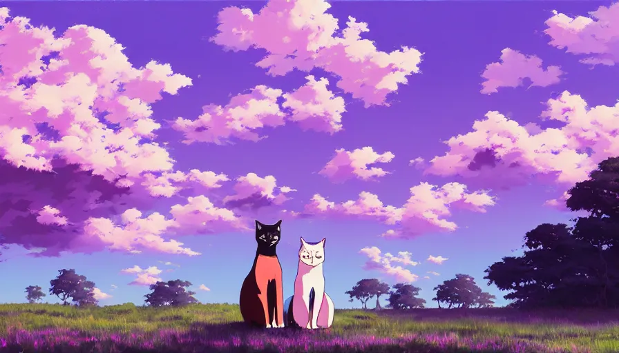 Image similar to highly detailed contemporary acrylic painting of really tall sitting cats by makoto shinkai, thick brush strokes and visible paint layers, glistening clouds in background, purpleb blue black, white and pink color scheme