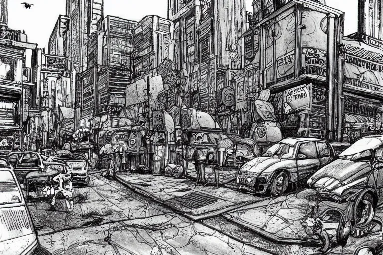 Prompt: Moebius drawing of a post apocalyptic city street