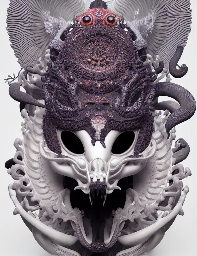 Image similar to 3 d goddess close - up frontal portrait with ram skull. beautiful intricately detailed japanese crow kitsune mask and clasical japanese kimono. betta fish, jellyfish phoenix, bio luminescent, plasma, ice, water, wind, creature, artwork by tooth wu and wlop and beeple and greg rutkowski