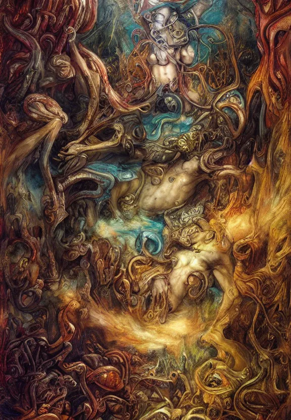 Image similar to colorful muscular eldritch bodies radiating town fractal, by h. r. giger and esao andrews and maria sibylla merian eugene delacroix, gustave dore, thomas moran, pop art, chiaroscuro, biopunk, art nouveau