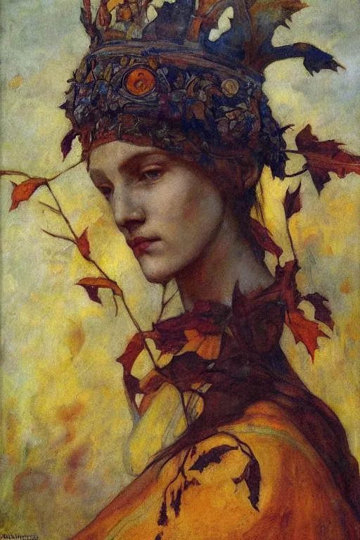 Image similar to queen of autumn by Annie Swynnerton and Nicholas Roerich, strong dramatic cinematic lighting , ornate headdress , flowing robes, lost civilizations, smooth, sharp focus, extremely detailed