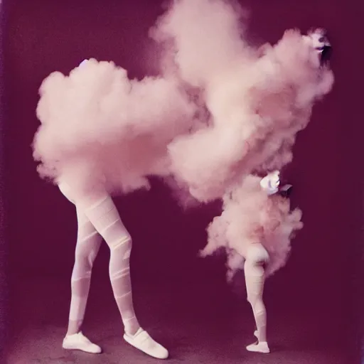 Prompt: polaroid of dancers that are made from cotton candy, smoke and clouds, wearing giant paper masks, mix, DADA collage, texture, lomography, fashion neon light, long striped legs