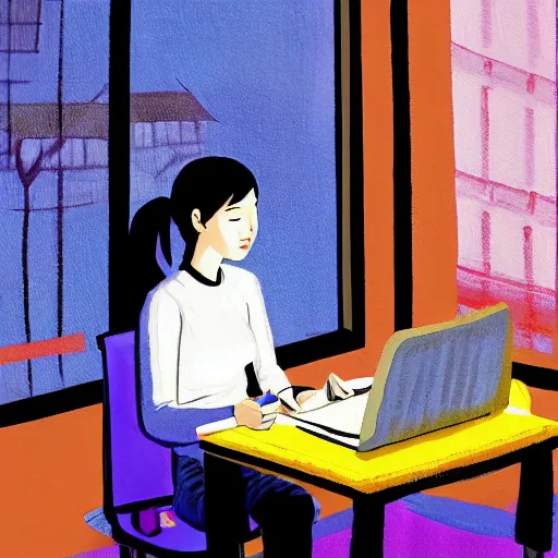 Prompt: An expressive Lo-fi style painting of a Korean girl sat writing in a journal while wearing headphones illuminated by a desk lamp and neon lights, in the background is a window overlooking a rainy night-time city, with a cat resting on the window cill, a relaxed and dreamy atmosphere, highly atmospheric with dynamic lighting, highly detailed, 8K