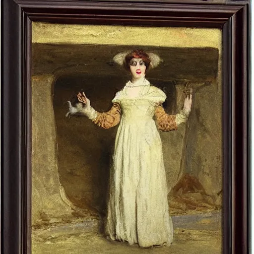 Image similar to theatre actress in the catacombs, by alfred stevens